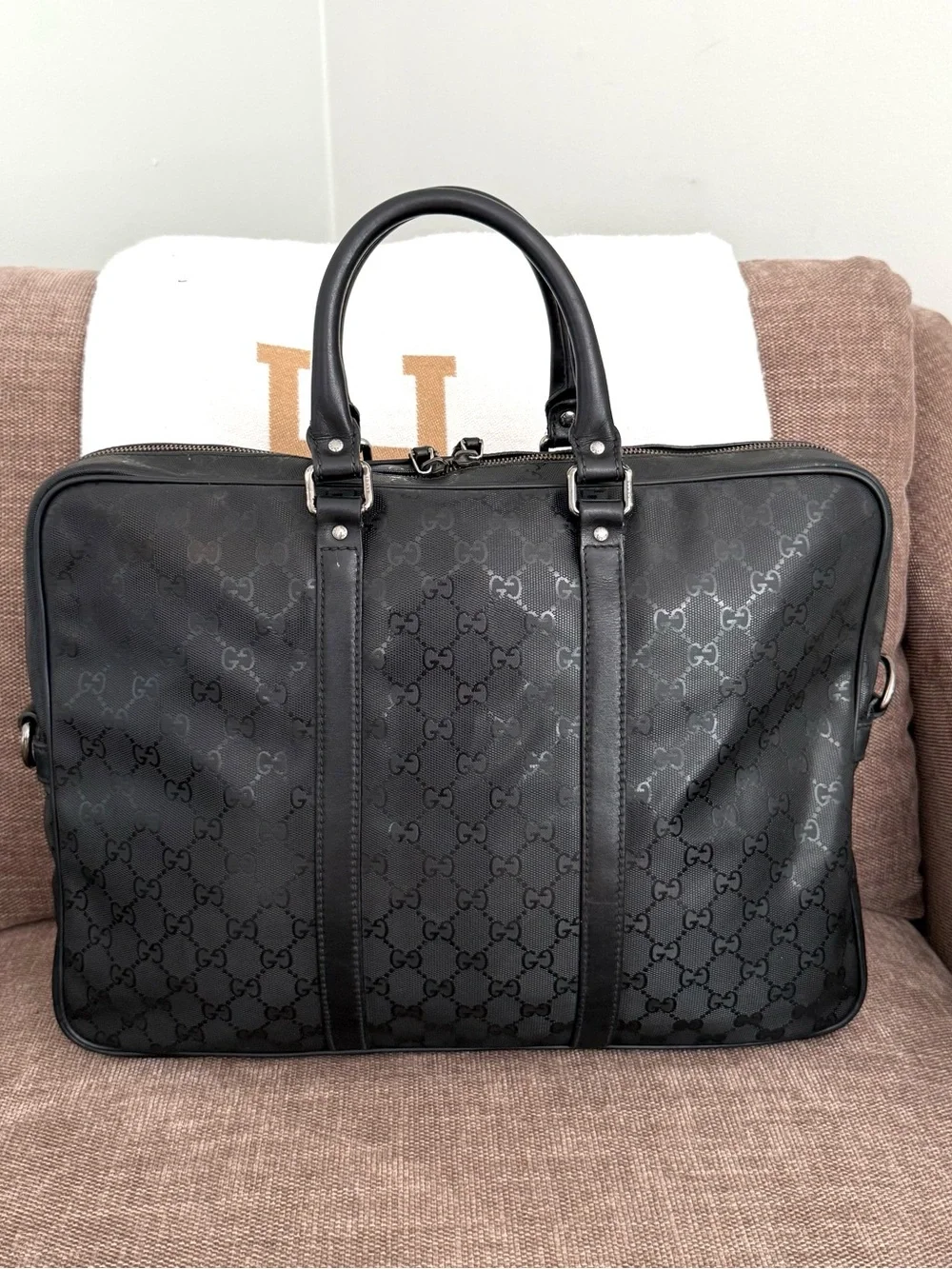 Gucci authentic black monogram imprime coated canvas unisex laptop bag